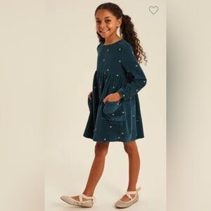 FATFACE Girls Green Corduroy Star‎ Dress Pocket Embroidered Metallic 10/11